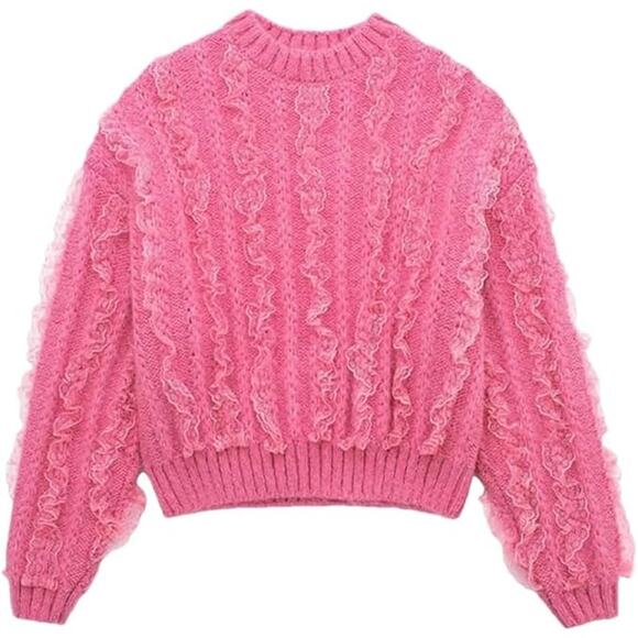 Zara Sweaters - Zara Pink Ruffled & Lace Chunky Knit Sweater SZ Medium Girly Coquette Preppy